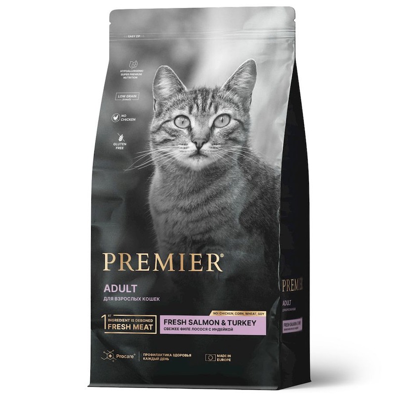 Premier Cat Salmon & Turkey Adult сухой корм для взрослых кошек, свежее филе лосося с индейкой - 2 кг повседневный супер премиум низкозерновые для взрослых с индейкой мешок Импортный корм 1 уп. х 1 шт. х 2 кг
Premier Cat Salmon & Turkey Adult сухой корм для взрослых кошек, свежее филе лосося с индейкой - 2 кг повседневный супер премиум низкозерновые для взрослых с индейкой мешок Импортный корм 1 уп. х 1 шт. х 2 кг