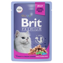 Brit Premium полнорационный влажный корм для стерилизованных кошек, с индейкой и сыром, кусочки в желе, в паучах - 85 г