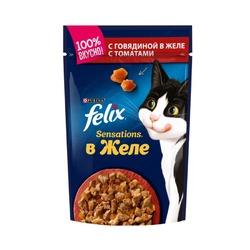 Felix Sensations полнорационный влажный корм для кошек, с говядиной и томатами, кусочки в желе, в паучах - 85 г