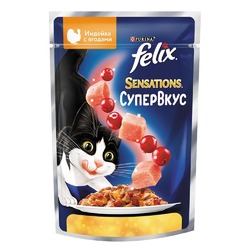Felix Sensations Супервкус полнорационный влажный корм для кошек, с индейкой и ягодами, кусочки в желе, в паучах - 75 г