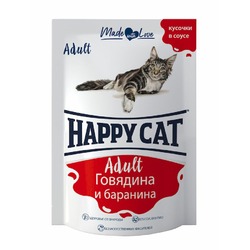 Happy Cat влажный корм для кошек, с бараниной и говядиной, кусочки в соусе, в паучах - 100 г