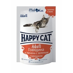 Happy Cat влажный корм для кошек, с говядиной, печенью и горохом, кусочки в желе, в паучах - 100 г