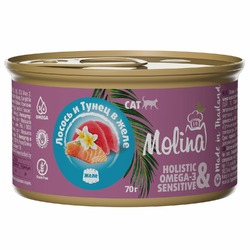 Molina влажный корм для кошек, с лососем и тунцом, кусочки в желе, в консервах - 70 г