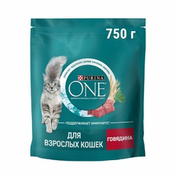 Purina ONE Adult сухой корм для кошек, с высоким содержанием говядины и цельными злаками - 750 г