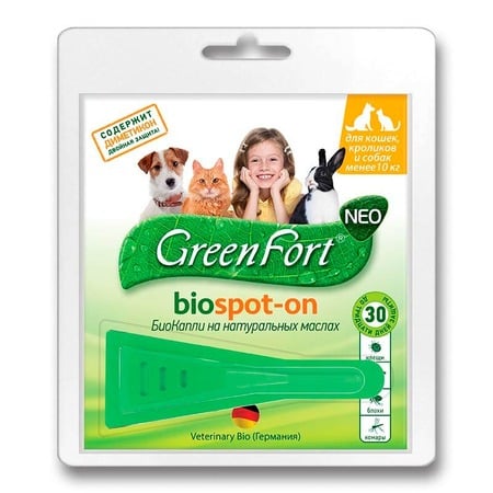 GreenFort NEO Биокапли для кошек, кроликов и собак до 10 кг от клещей, блох, вшей, власоедов, комаров, слепней 1 мл Основное Превью