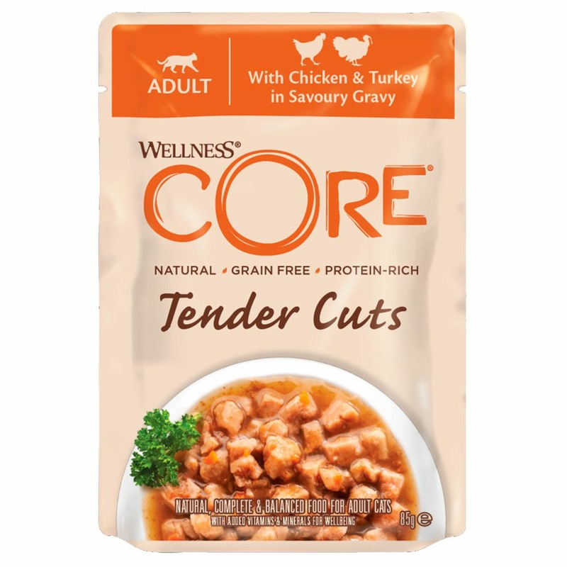 цена Сore Tender Cuts влажный корм для кошек, из курицы с индейкой, кусочки в соусе, в паучах - 85 г