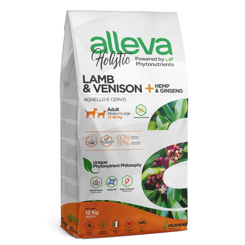 цена Alleva Holistic Adult Lamb & Venison Medium/Maxi сухой корм для взрослых собак с ягненком и олениной, коноплей и женьшенем