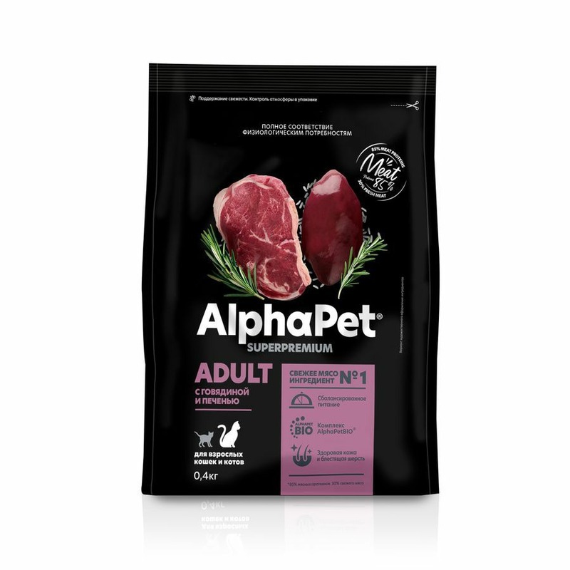 AlphaPet Superpremium для домашних кошек и котов, с говядиной и печенью - 400 г цена и фото