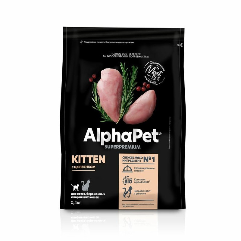 AlphaPet Superpremium для котят, беременных и кормящих кошек с цыпленком - 400 г, размер Для всех пород ALFP-82955 - фото 1