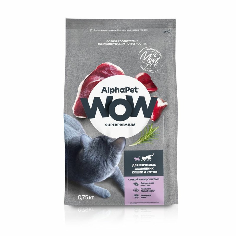 AlphaPet Wow Superpremium для домашних кошек и котов, с уткой и потрошками - 750 г alphapet wow superpremium для стерилизованных кошек и котов с индейкой и потрошками 750 г