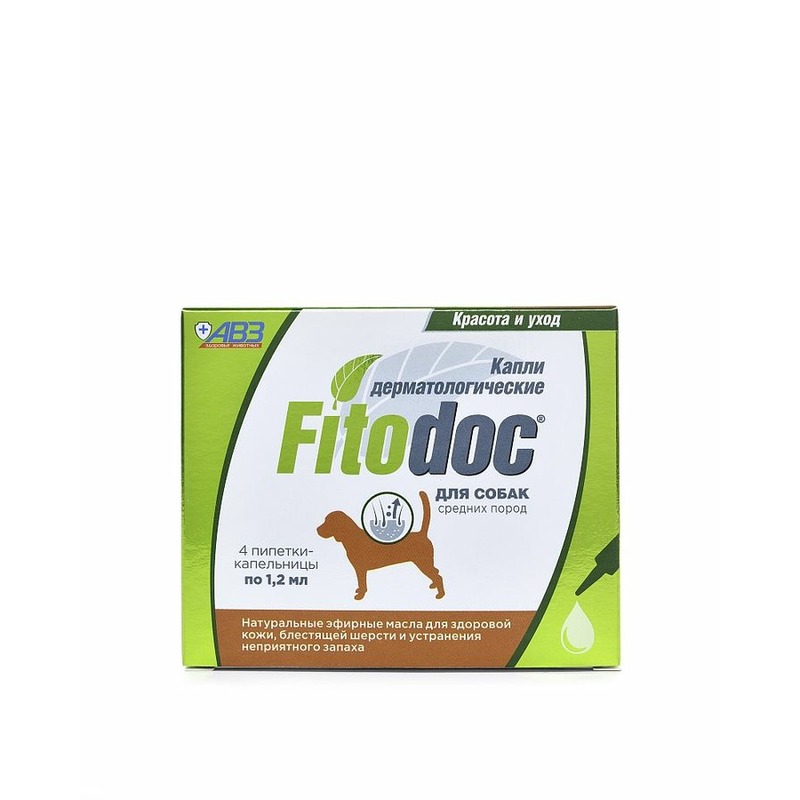 АВЗ Fitodoc капли дерматологические для средних пород собак для комплексного ухода за состоянием кожно-волосяного покрова, 4 пипетки капли капли fitodoc авз дерматологические для средних пород собак 1 мл 20 г