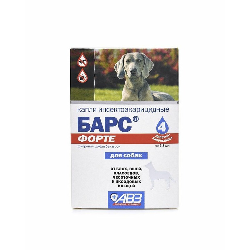 АВЗ Барс Форте капли инсектоакарицидные для собак от блох, иксодовых и чесоточных клещей, вшей, власоедов - 4 пипетки