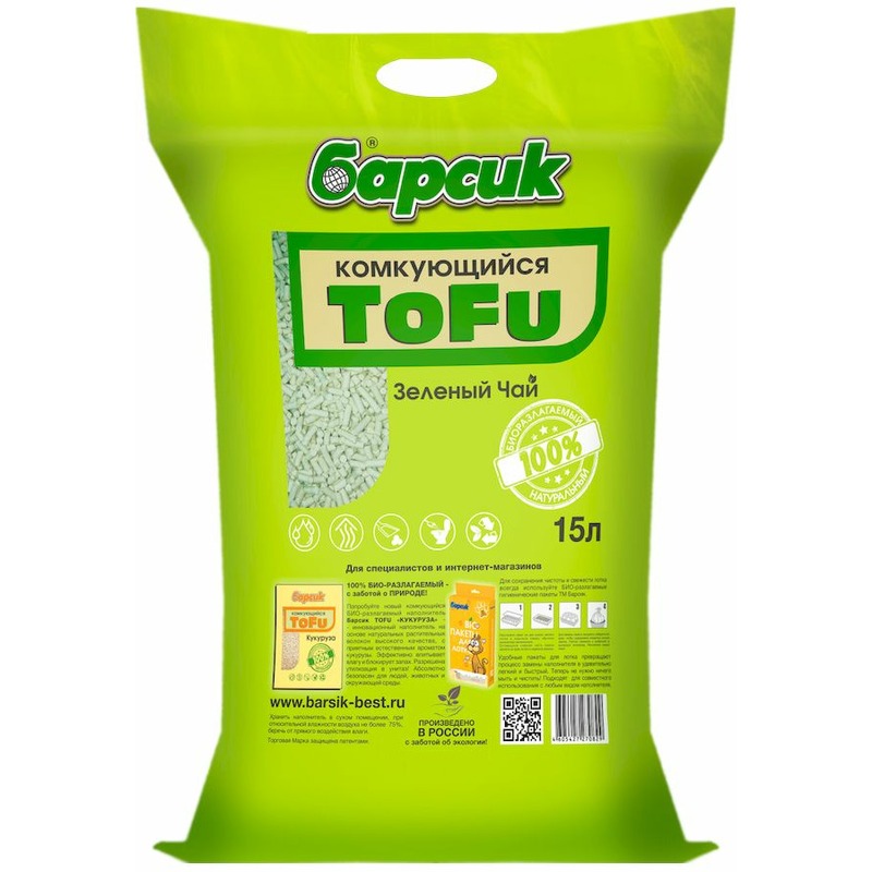 Барсик наполнитель ToFu комкующийся для взрослых кошек, зеленый чай - 15 л барсик наполнитель tofu комкующийся для взрослых кошек кукурузный