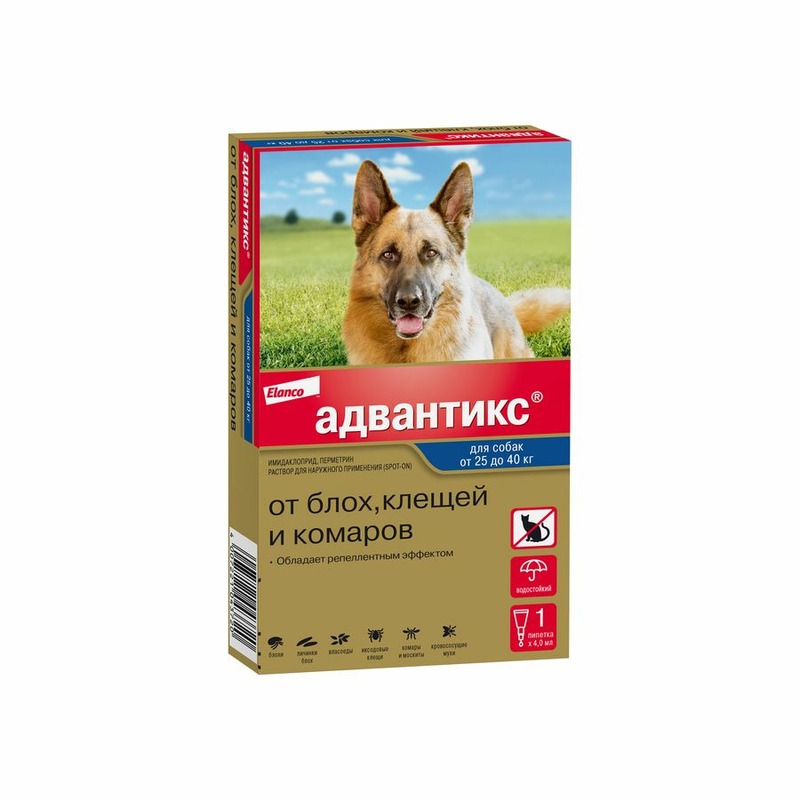 Elanco Адвантикс капли от блох, клещей и комаров для собак весом более 25 кг - 1 пипетка капли для собак elanco адвантикс от блох клещей и комаров 250 10 25кг веса 1 пипетка в упак