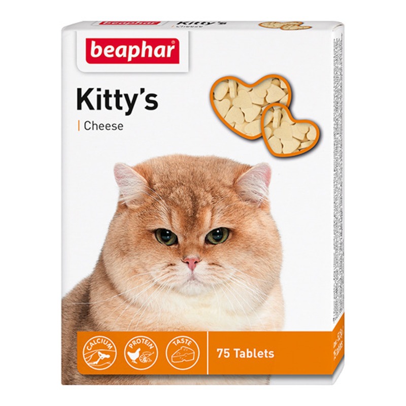 Фото - Beaphar Beaphar Kittys Cheese витаминизированное лакомство-сердечки для кошек с сыром - 75 таблеток beaphar витамины для кошек со вкусом сыра мышки kittys cheese 75шт 12511