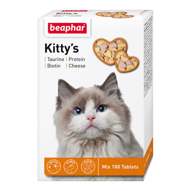 Beaphar Kitty`s Mix витаминизированное лакомство-сердечки для кошек с таурином, биотином, протеином и сыром - 180 таблеток лакомство beaphar kitty s junior для котят витаминизированное сердечки 1000 таб