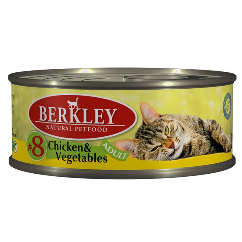 BERKLEY Berkley Adult Cat Chicken & Vegetables № 8 паштет для взрослых кошек с натуральным мясом цыпленка, овощами, маслом лосося - 100 г х 6 шт