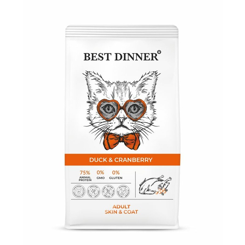 Best Dinner Adult Cat Skin & Coat полнорационный сухой корм для кошек, для ухода за кожей и шерстью, с уткой и клюквой - 400 г best dinner корм для кошек best dinner эдалт с уткой и клюквой 1 5кг 2 шт