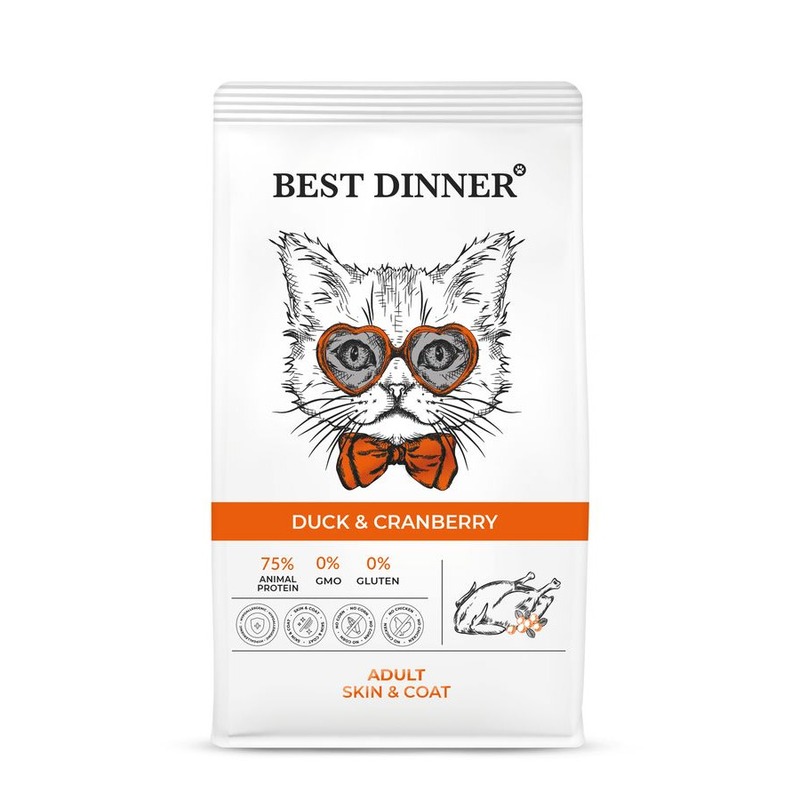 Best Dinner Adult Cat Skin & Coat полнорационный сухой корм для кошек, для ухода за кожей и шерстью, с уткой и клюквой best dinner корм для кошек best dinner эдалт с уткой и клюквой 1 5кг 2 шт