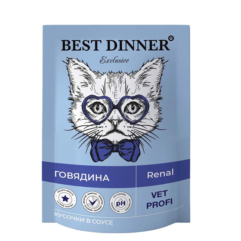 Best Dinner Exclusive Vet Profi Renal полнорационный влажный корм для кошек, для профилактики заболеваний почек, с говядиной, кусочки в соусе, в паучах - 85 г