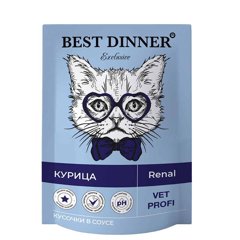 Best Dinner Exclusive Vet Profi Renal полнорационный влажный корм для кошек, для профилактики заболеваний почек, с курицей, кусочки в соусе, в паучах - 85 г x cat x cat влажный корм с курицей и индейкой в соусе для кошек 85 г
