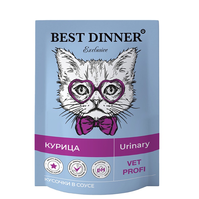 Best Dinner Exclusive Vet Profi Urinary полнорационный влажный корм для кошек, для профилактики мочекаменной болезни (МКБ), с курицей, кусочки в соусе, в паучах - 85 г
