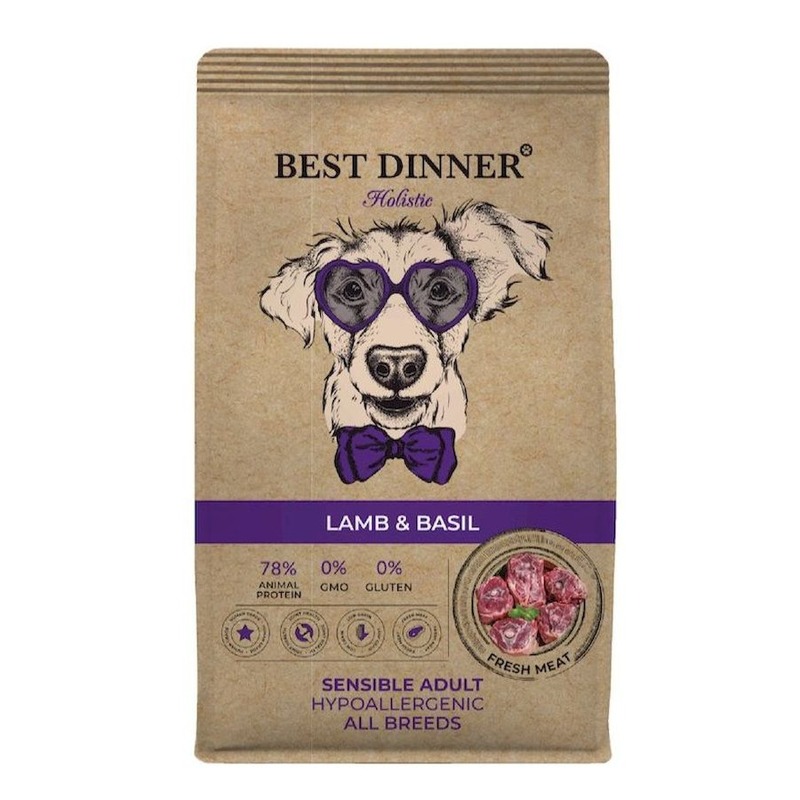 Best Dinner Holistic Adult сухой корм для собак, склонных к аллергии и проблемам с пищеварением, с ягненком и базиликом - 3 кг цена и фото