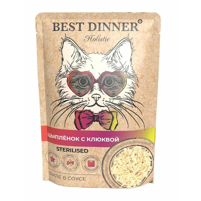 Best Dinner Holistic полнорационный влажный корм для стерилизованных кошек, с цыпленком и клюквой, волокна в соусе, в паучах - 70 г, размер Для всех пород BD-76405 - фото 1