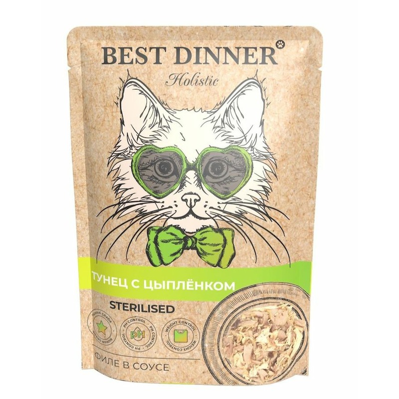 Best Dinner Holistic полнорационный влажный корм для стерилизованных кошек, с тунцом и цыпленком, волокна в соусе, в паучах - 70 г