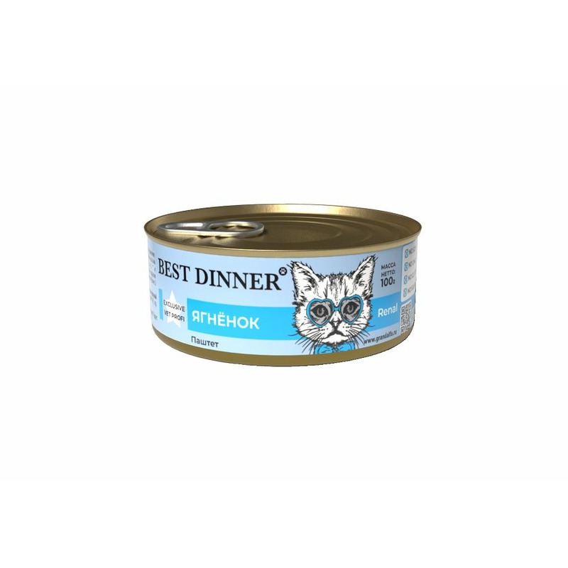 Best Dinner Renal Exclusive Vet Profi влажный корм для кошек при заболеваниях почек, паштет с ягненком, в консервах - 100 г, размер Для всех пород BD-7671 - фото 1