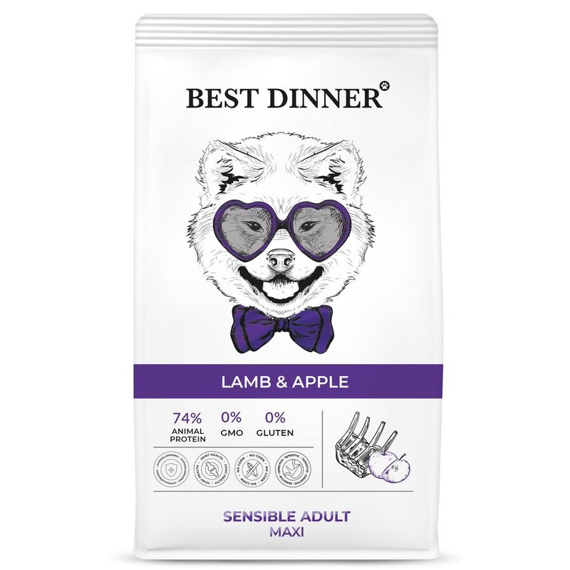 Best Dinner Sensible Adult Maxi полнорационный сухой корм для собак крупных пород, склонных к аллергии и проблемам с пищеварением, ягненок с яблоком best dinner sensible adult small
