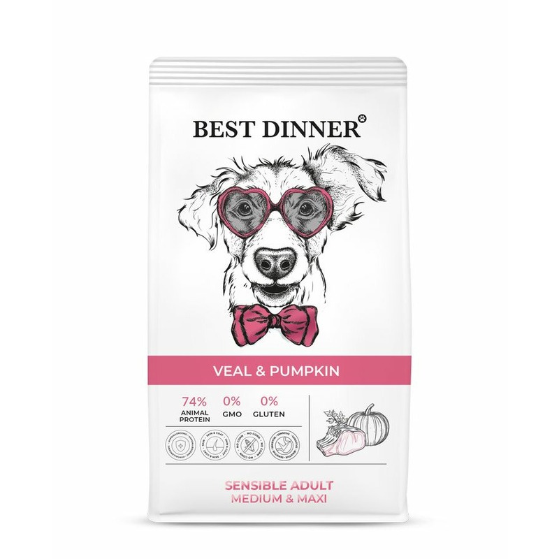 цена Best Dinner Sensible Adult Medium & Maxi полнорационный сухой корм для собак средних и крупных пород, склонных к аллергии и проблемам с пищеварением, с телятиной и тыквой