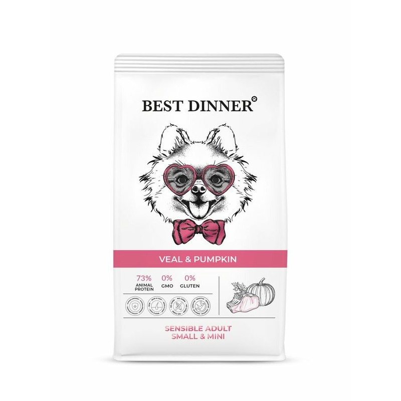 Best Dinner Sensible Adult Small & Mini полнорационный сухой корм для собак мелких пород, склонных к аллергии и проблемам с пищеварением, с телятиной и тыквой - 3 кг best dinner sensible adult small