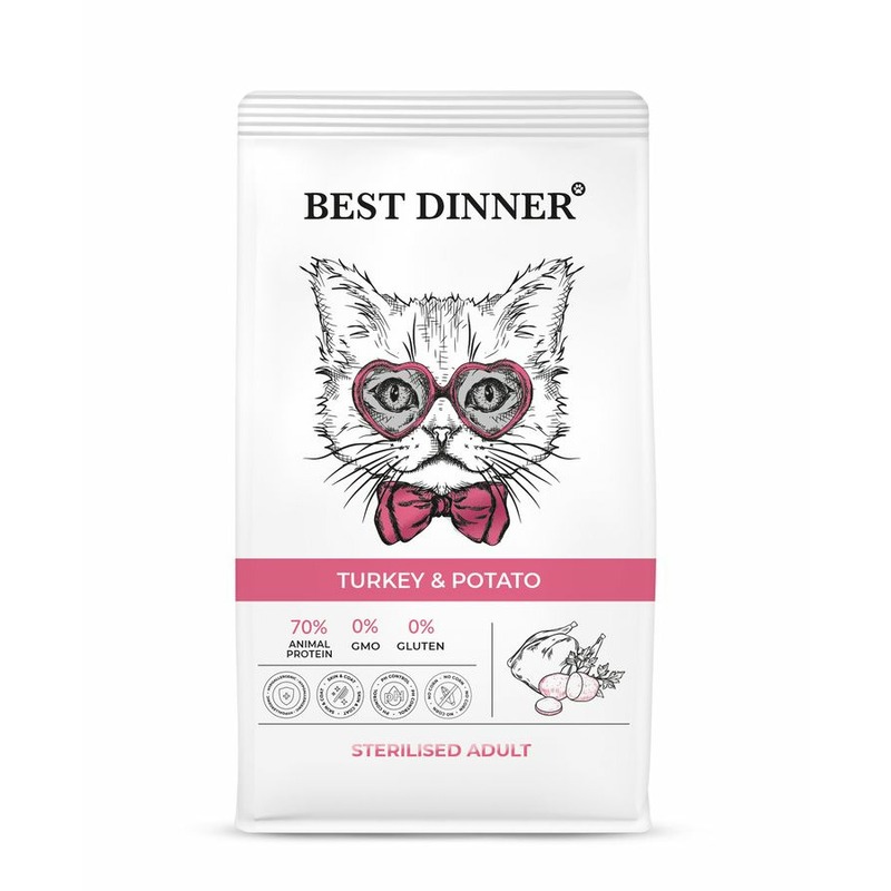 Best Dinner Sterilised Adult полнорационный сухой корм для стерилизованных кошек, склонных к аллергии и проблемам с пищеварением, с индейкой и картофелем