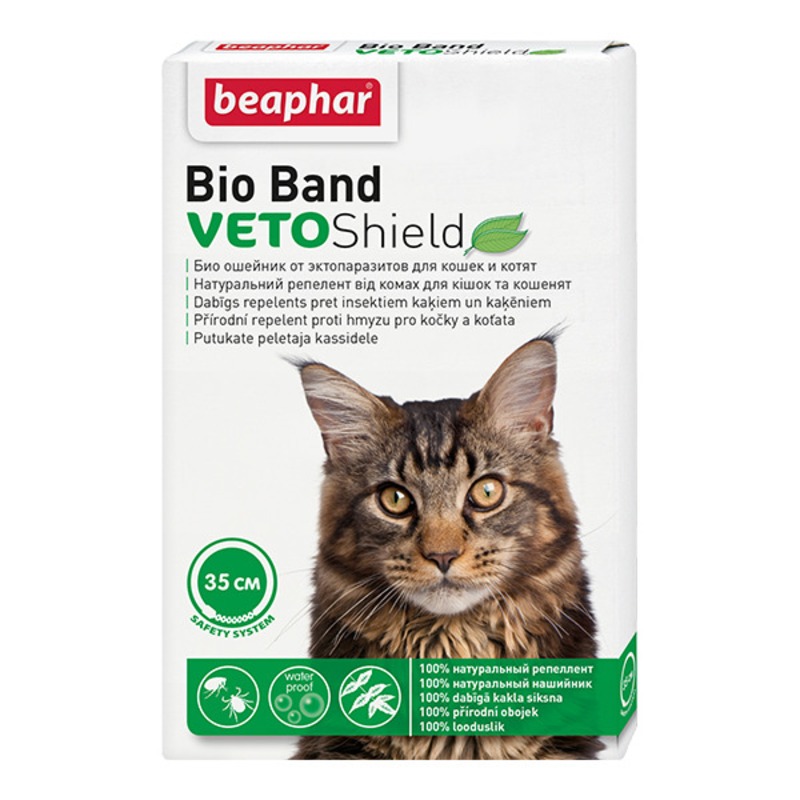 Ошейник Beaphar Bio Band Veto Shield для кошек и котят с 2 месяцев от блох на натуральных маслах зеленый 35 см ms kiss ms kiss ошейник от блох клещей комаров для котят с 4 недель и кошек 38 см 38 г