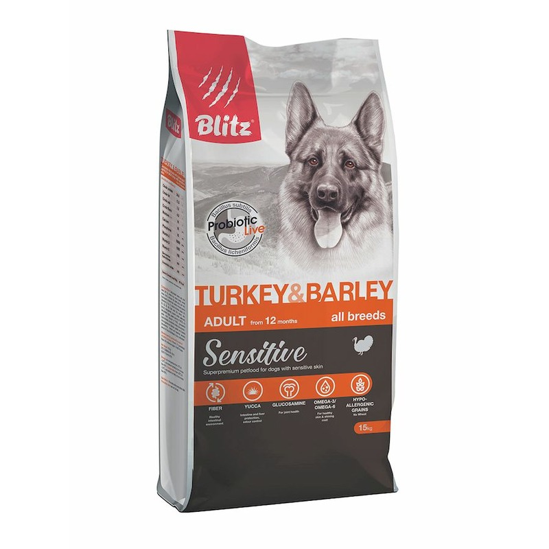 Blitz Sensitive Adult Turkey & Barley полнорационный сухой корм для собак, с индейкой и ячменем blitz sensitive adult turkey