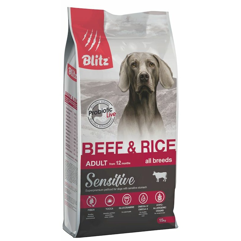 Blitz Sensitive Adult Beef & Rice полнорационный сухой корм для собак, с говядиной и рисом - 15 кг сухой корм blitz beef
