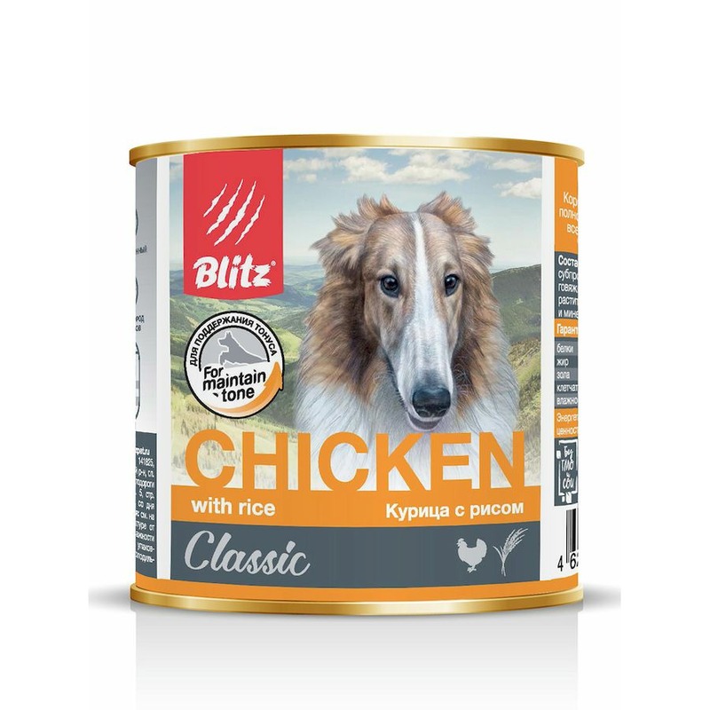 Blitz Classic Adult Dog полнорационный влажный корм для собак, фарш из курицы с рисом, в консервах - 750 г 32792