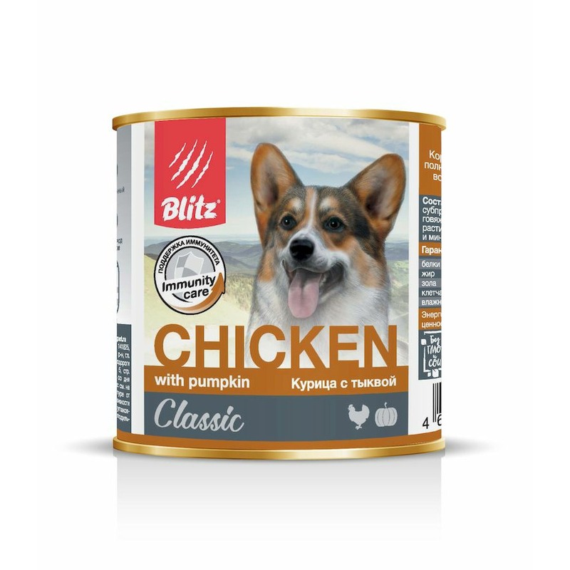 Blitz Classic Adult Dog полнорационный влажный корм для собак, фарш из курицы с тыквой, в консервах - 750 г