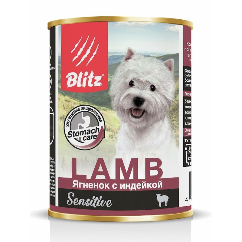 Blitz Sensitive Adult Dog полнорационный влажный корм для собак, паштет с ягненком и индейкой, в консервах - 400 г сore 95 влажный корм для собак паштет с индейкой и капустой в консервах 400 г
