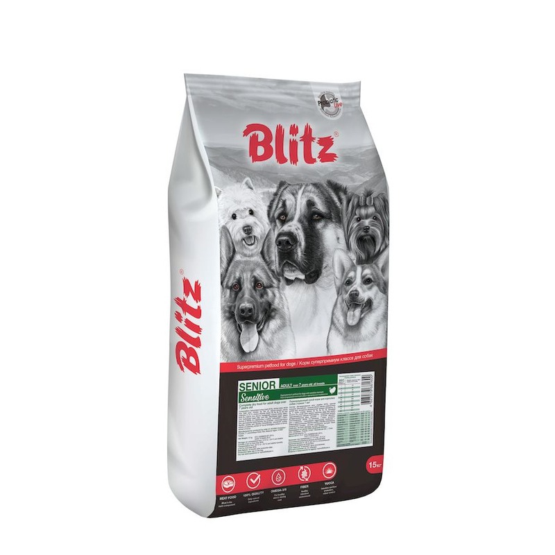 Blitz Sensitive Senior полнорационный сухой корм для собак старше 7 лет, с индейкой - 15 кг корм для собак с чувствительным пищеварением darsi sensitive паштет из индейки и утки 410 г