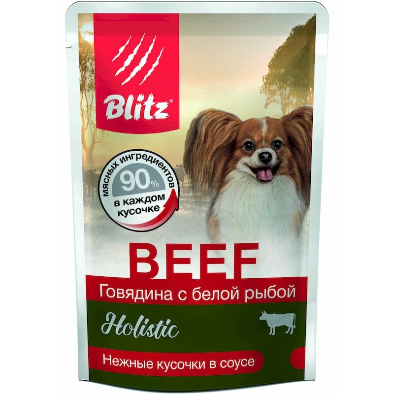 Blitz Holistic Adult Beef & White Fish полнорационный влажный корм для собак мелких пород, с говядиной и белой рыбой, кусочки в соусе, в паучах - 85 г