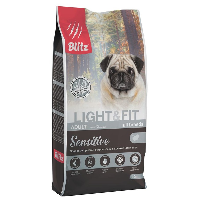 Blitz Sensitive Adult Light & Fit диетический сухой корм для собак, при избыточном весе, с индейкой - 15 кг диетические супер премиум низкокалорийные для всех возрастов с индейкой для всех пород мешок Россия 1 уп. х 1 шт. х 15 кг, размер Для всех поро