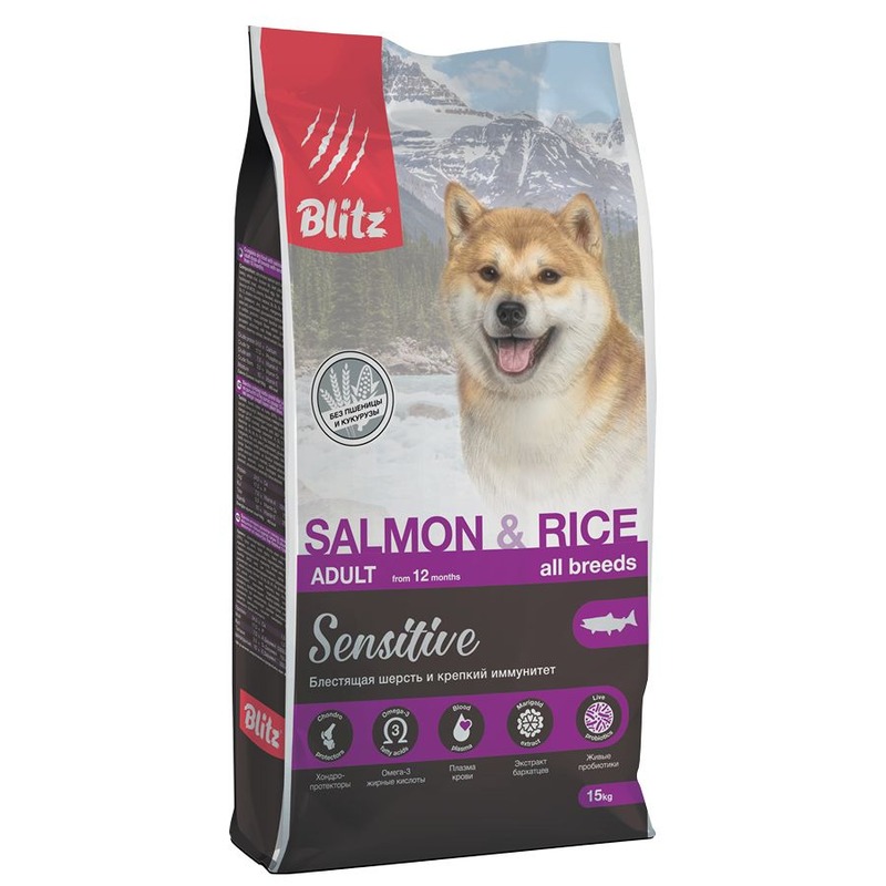 Blitz Sensitive Adult Salmon & Rice сухой корм для собак, с лососем и рисом - 15 кг повседневный супер премиум для всех возрастов с лососем для всех пород мешок Россия 1 уп. х 1 шт. х 15 кг, размер Для всех пород