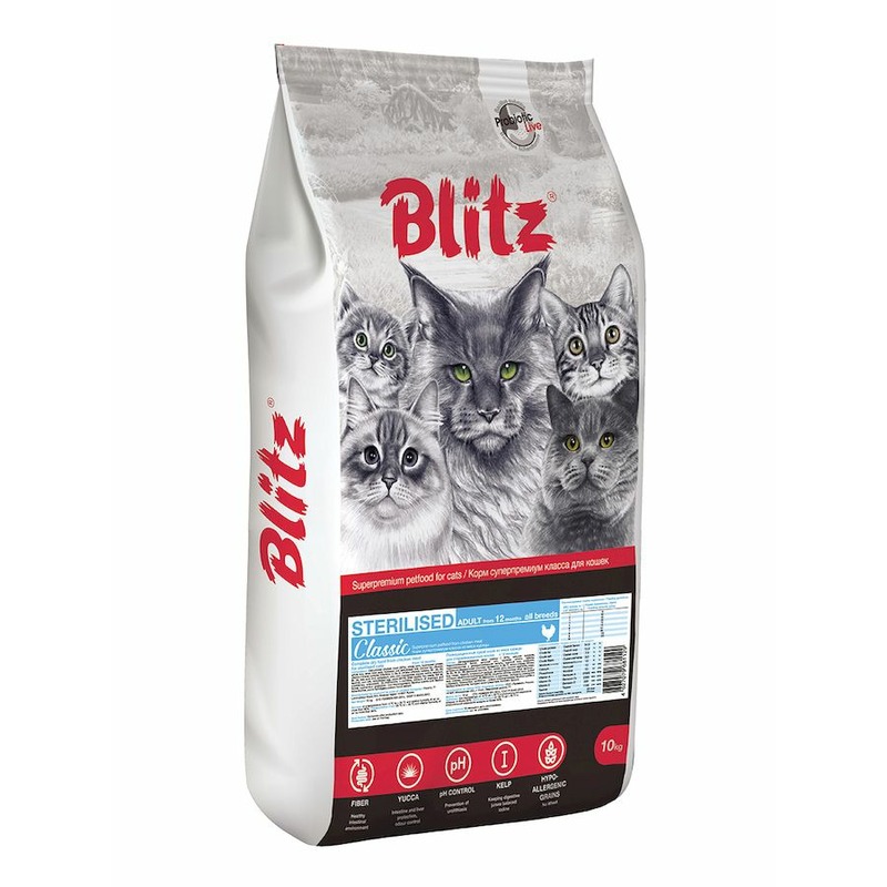 Blitz Classic Sterilised Cat полнорационный сухой корм для стерилизованных кошек, с курицей - 10 кг blitz holistic cat sterilised chicken