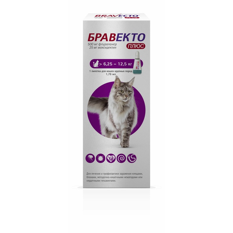 Бравекто Плюс противопаразитарный препарат для кошек крупных пород весом от 6,25 до 12,5 кг