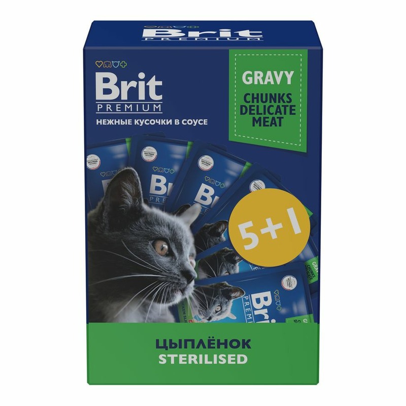 Brit Premium 5+1 полнорационный влажный корм для стерилизованных кошек, с цыпленком, кусочки в соусе, в паучах - 85 г фотографии