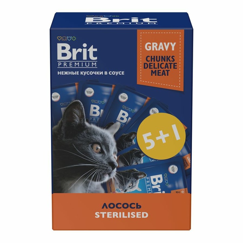 Brit Premium 5+1 полнорационный влажный корм для стерилизованных кошек, с лососем, кусочки в соусе, в паучах - 85 г фотографии