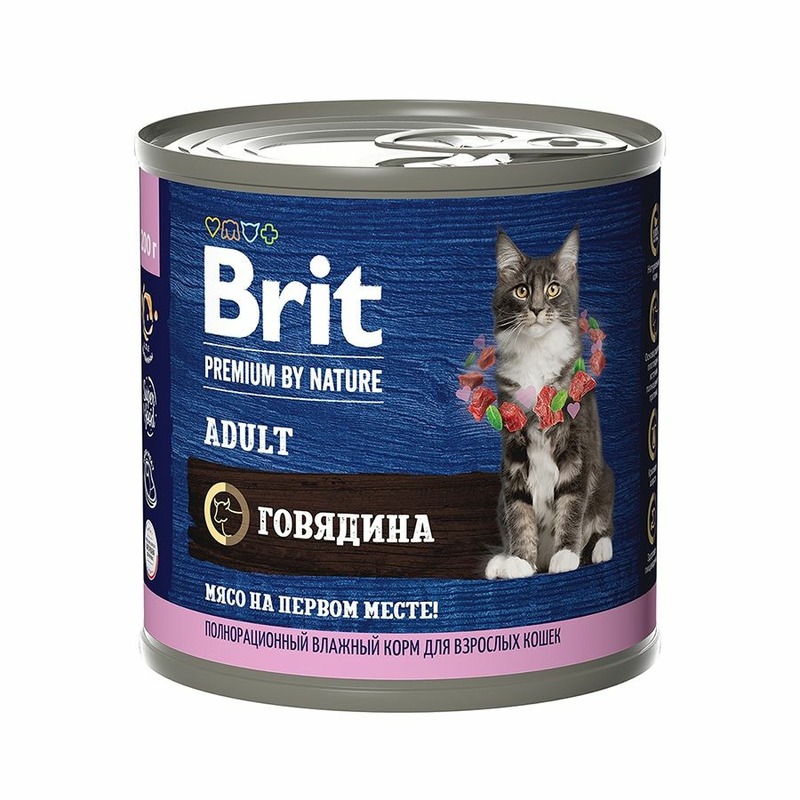 Brit Premium by Nature Adult полнорационный влажный корм для кошек, паштет с говядиной, в консервах - 200 г 45142