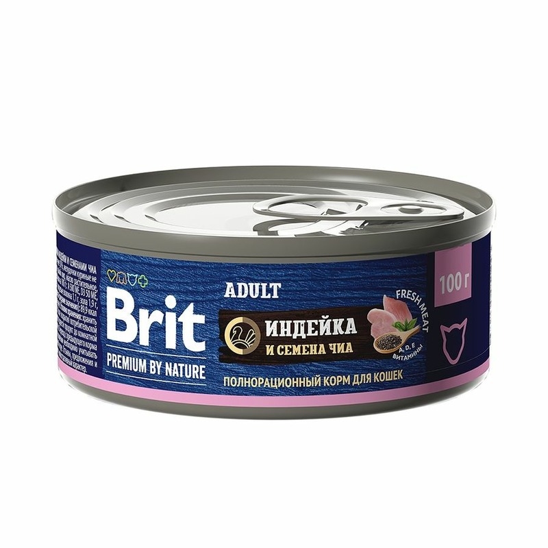 Brit Premium by Nature Adult полнорационный влажный корм для кошек, паштет с индейкой и семенами чиа, в консервах - 100 г 45131